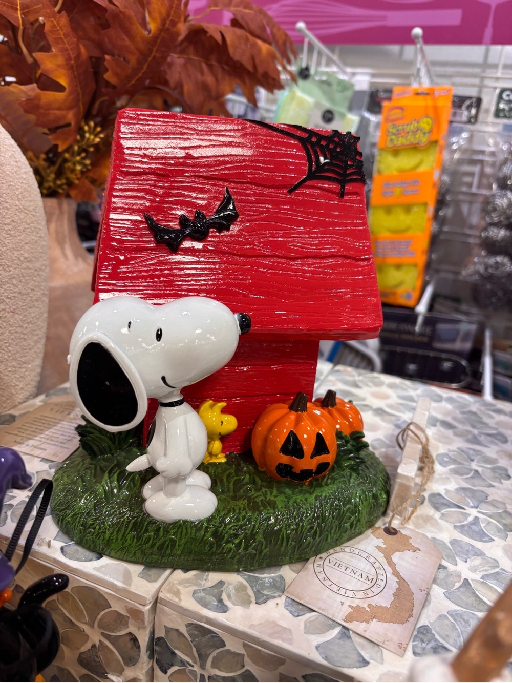 Peanuts Snoopy Halloween Decoration with Red Doghouse and Pumpkin